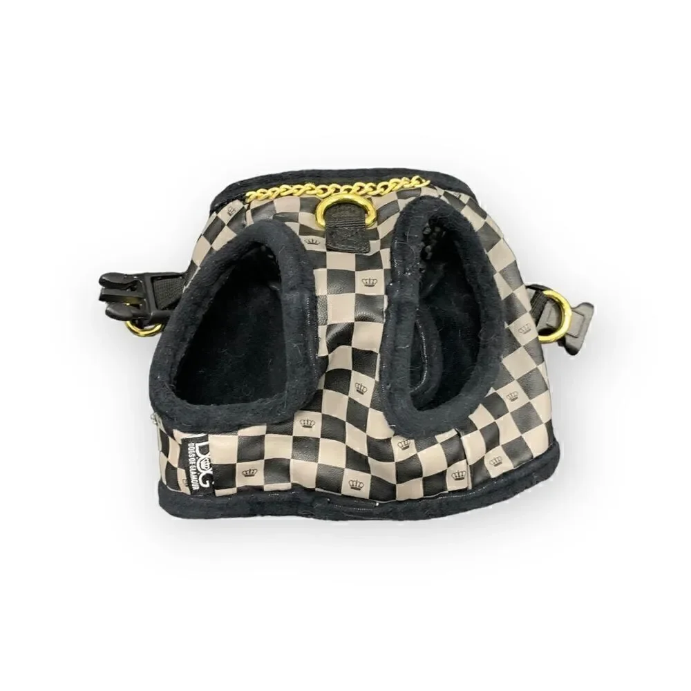 DOG Checkered Dog Harness, white, black, and gold